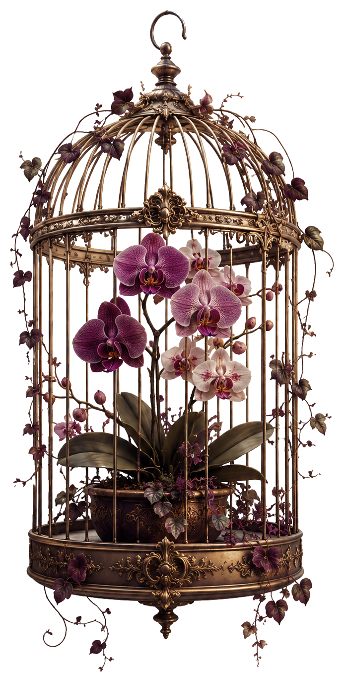 Orchid plant inside a decorative bird cage